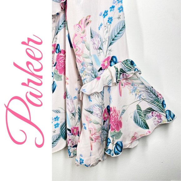 PARKER ERIN BOHEMIAN 100% SILK RUFFLED FLORAL OFF THE SHOULDER BLOUSE, LARGE - Picture 9 of 14